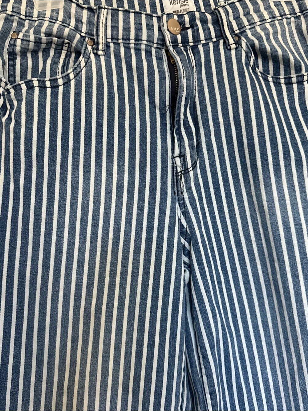 Kensie Blue and White Vertical-Striped Wide-Leg Jeans - Picture 3 of 8
